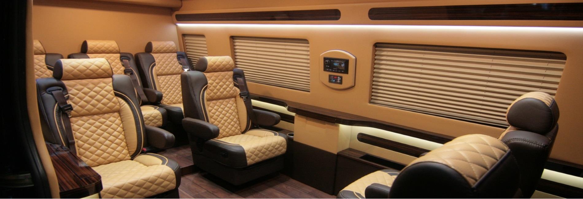 A sophisticated and chic travel space able of accommodating a large group of passengers.